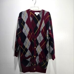 J H Collectibles Wool Argyle Longline Cardigan Sweater Button Front Small